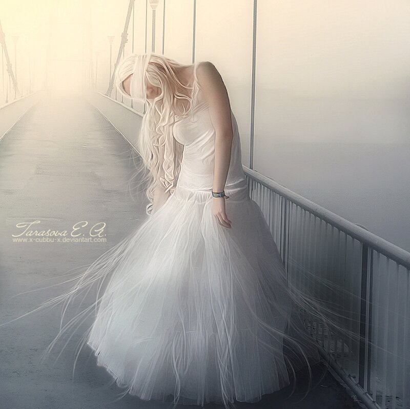 Woman in White Dress — Serene, Morning, Digital Art, Bridge, Hair