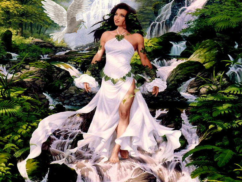 Woman in White Dress — Serene, Morning, Digital Art, Dove