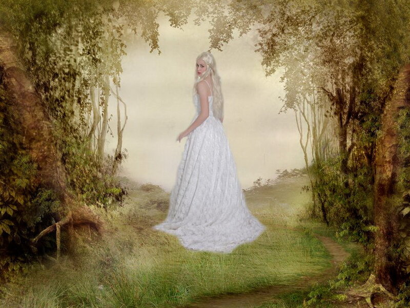Woman in White Dress — Serene, Morning, Digital Art, Forest, Path