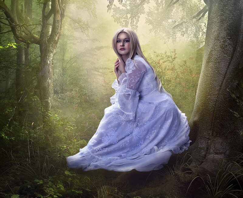 Woman in White Dress — Serene, Morning, Digital Art, Forest, Tree