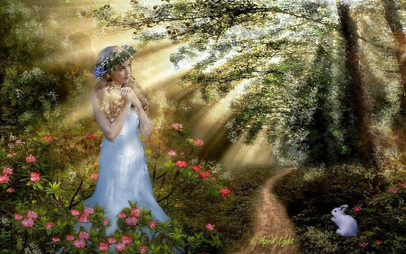 Woman in White Dress — Serene, Morning, Digital Art, Rabbit