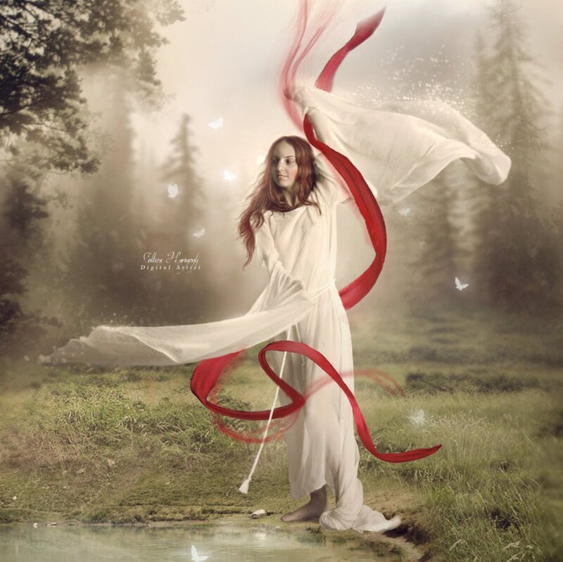 Woman in White Dress — Serene, Morning, Digital Art, Red Ribbon