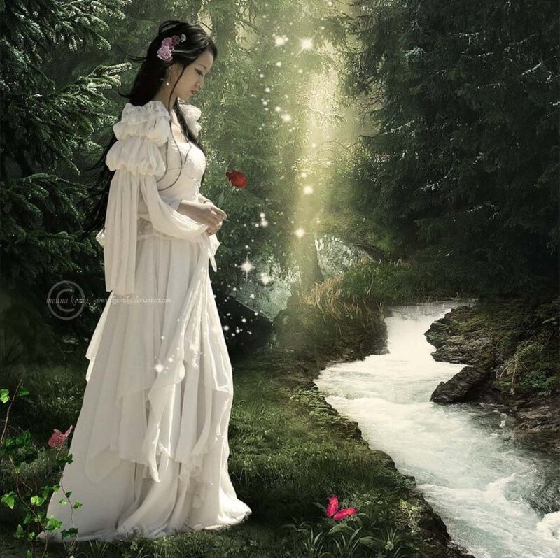 Woman in White Dress — Serene, Morning, Digital Art, River