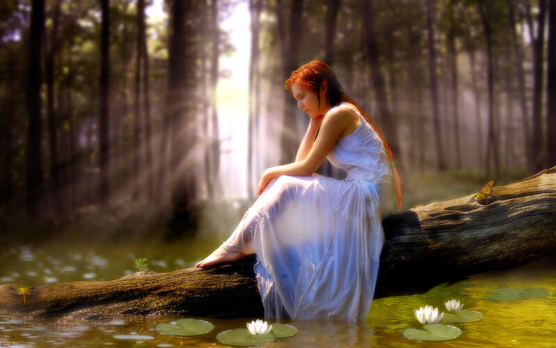 Woman in White Dress — Serene, Morning, Digital Art
