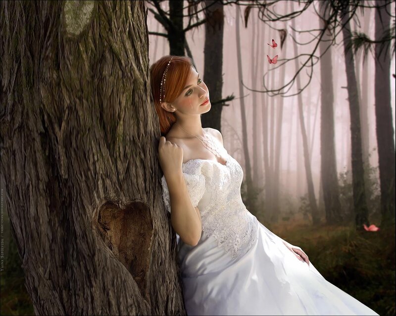 Woman in White Dress — Serene, Morning, Digital Art, Tree