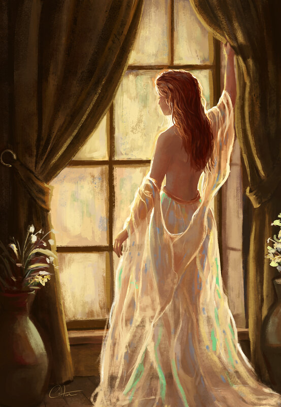 Woman in White Dress — Serene, Morning, Digital Art, Window