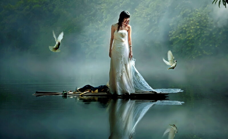 Woman in White Dress — Serene, Morning, Photograph, Doves