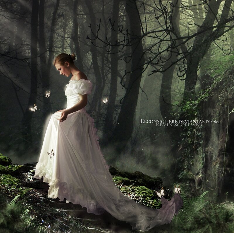Woman in White Dress — Serene, Night, Digital Art, Butterflies, Forest