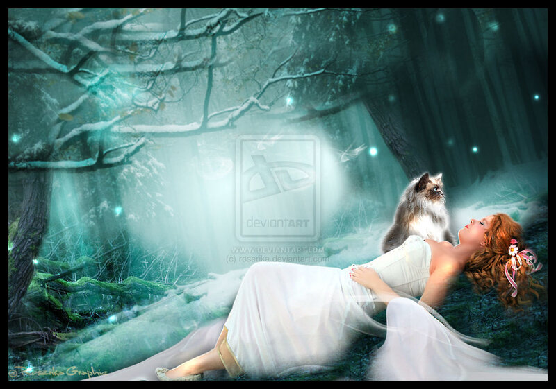 Woman in White Dress — Serene, Night, Digital Art, Cat