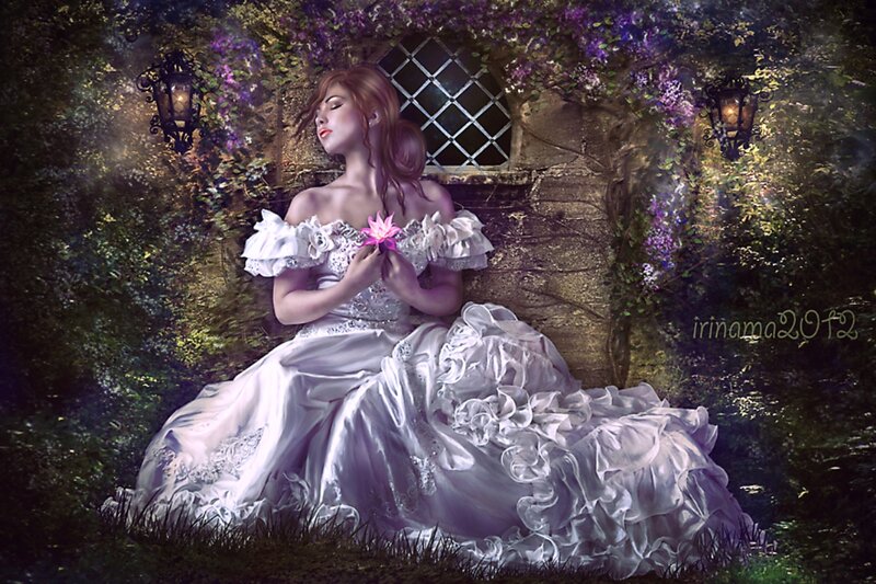 Woman in White Dress — Serene, Night, Digital Art, Flower