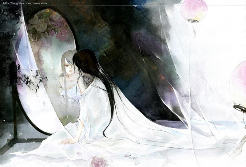 Woman in White Dress — Serene, Night, Digital Art, Mirror