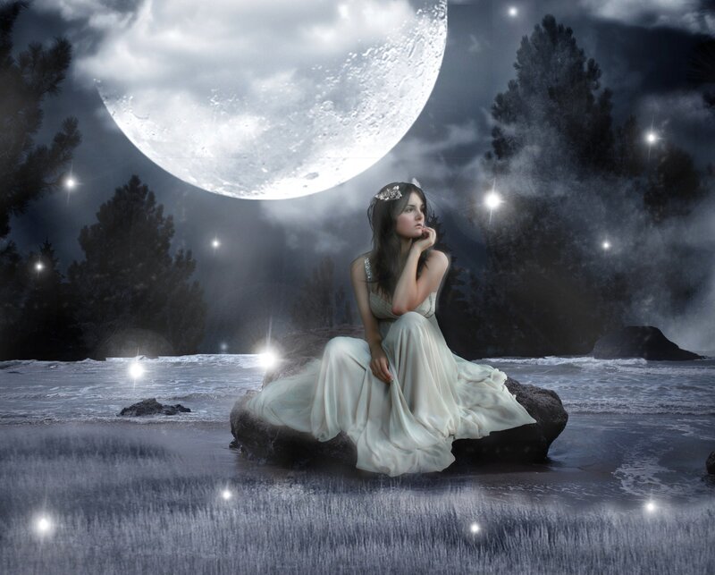 Woman in White Dress — Serene, Night, Digital Art, Moon