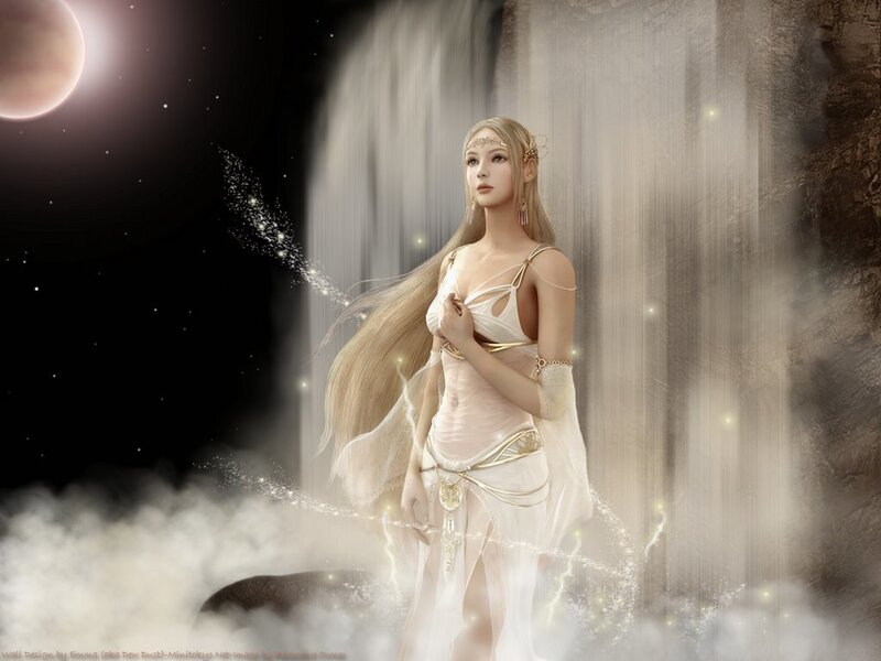 Woman in White Dress — Serene, Night, Digital Art, Moon, Waterfall, Clouds