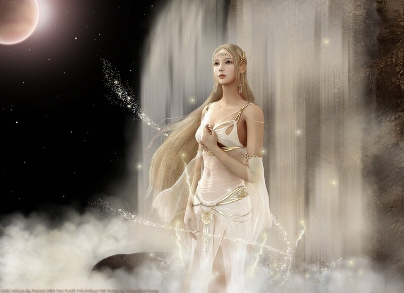 Woman in White Dress — Serene, Night, Digital Art, Moon, Waterfall