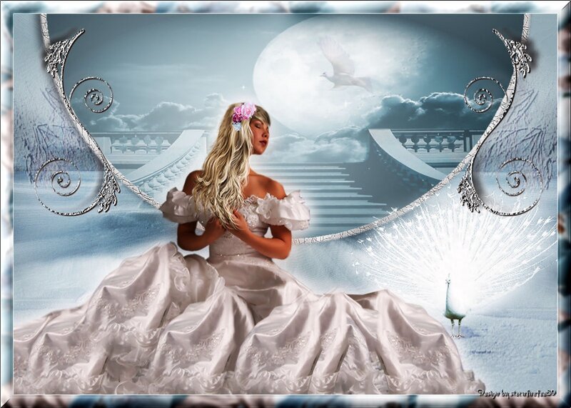 Woman in White Dress — Serene, Night, Digital Art, Peacock