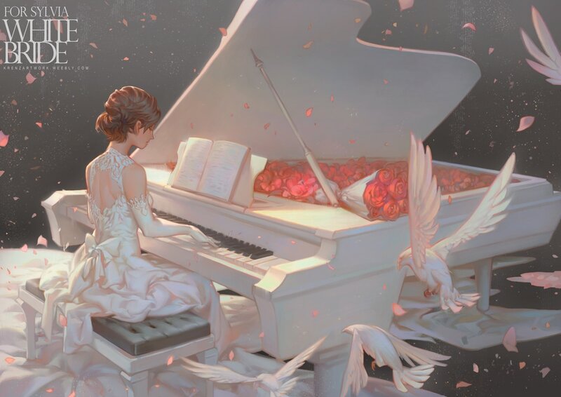 Woman in White Dress — Serene, Night, Digital Art, Piano