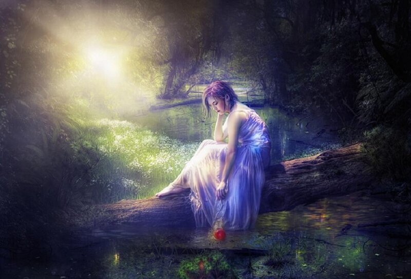 Woman in White Dress — Serene, Night, Digital Art, River