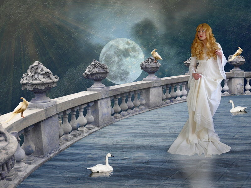 Woman in White Dress — Serene, Night, Digital Art, Swans