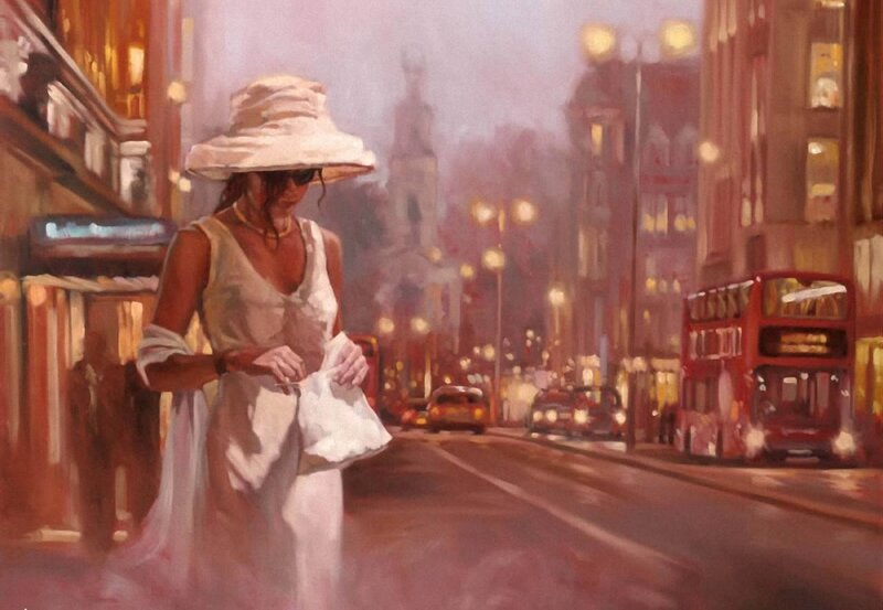 Woman in White Dress — Serene, Night, Painting