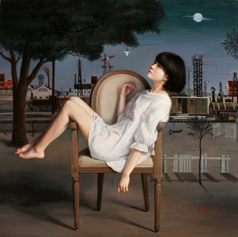 Woman in White Dress — Serene, Night, Painting, Tree
