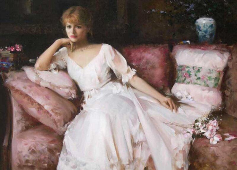 Woman in White Dress — Serene, Painting, Couch