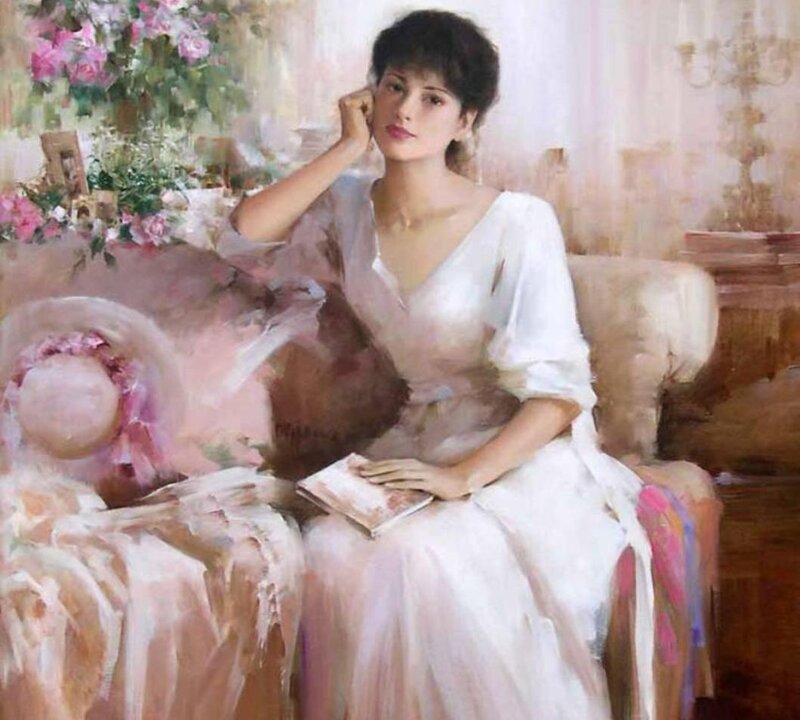 Woman in White Dress — Serene, Painting, Flowers, Book
