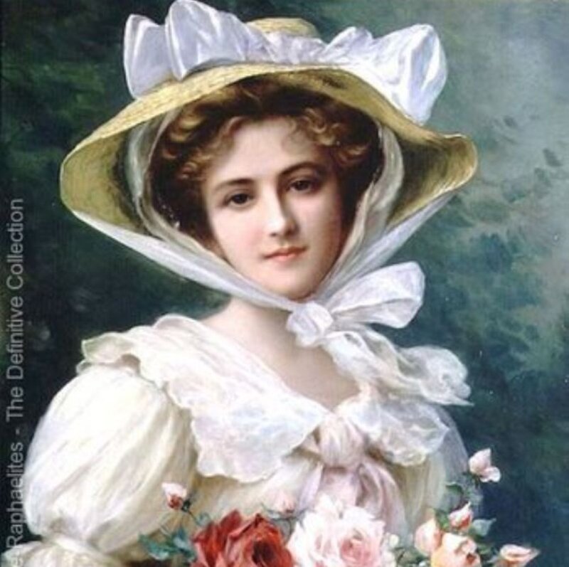 Woman in White Dress — Serene, Painting, Hat