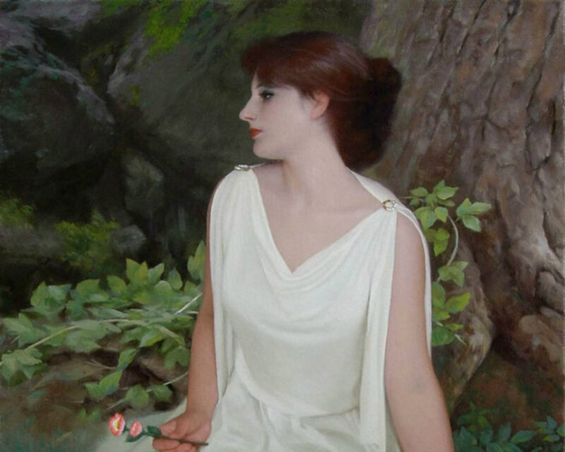 Woman in White Dress — Serene, Painting, Tree