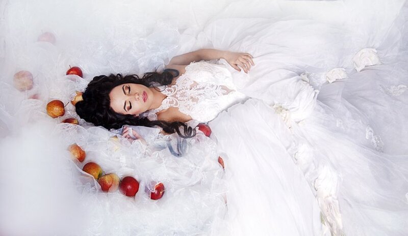 Woman in White Dress — Serene, Photograph, Apples
