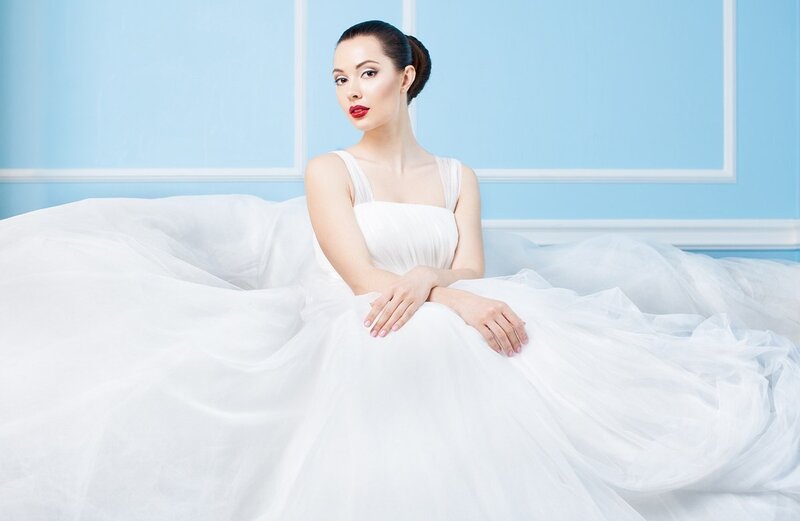Woman in White Dress — Serene, Photograph, Blue Wall