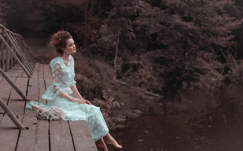 Woman in White Dress — Serene, Photograph, Bridge