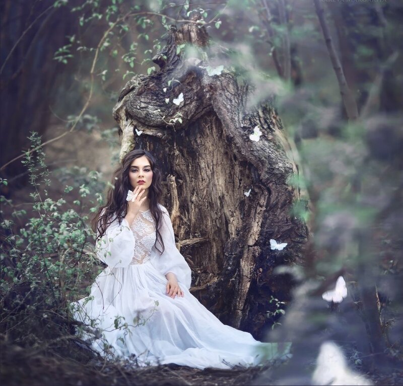 Woman in White Dress — Serene, Photograph, Butterflies