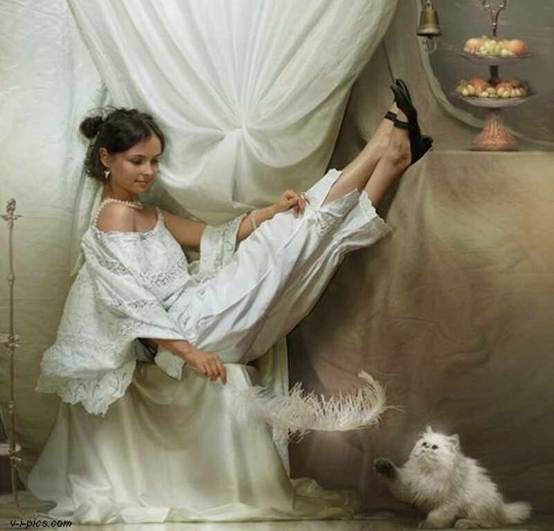 Woman in White Dress — Serene, Photograph, Cat