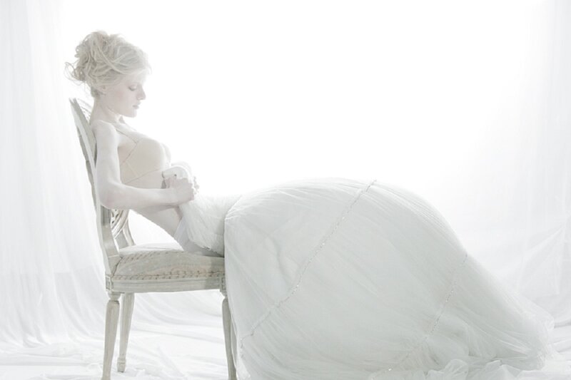 Woman in White Dress — Serene, Photograph, Chair, Curtain