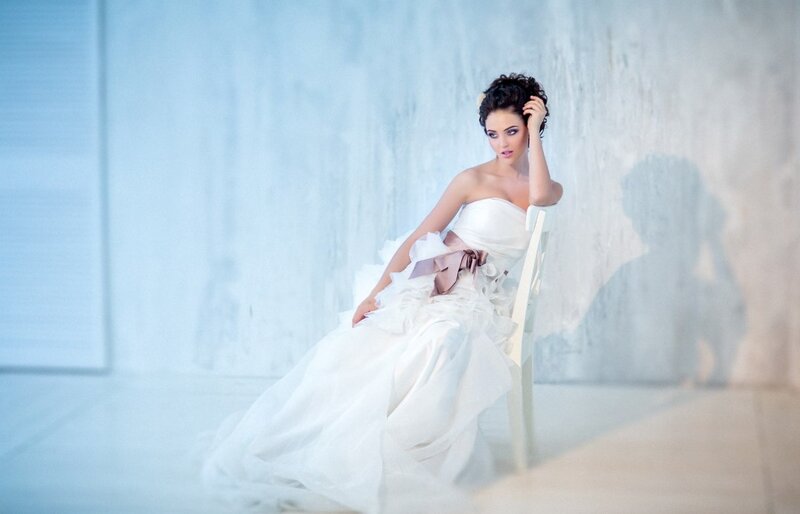 Woman in White Dress — Serene, Photograph, Chair, Wall