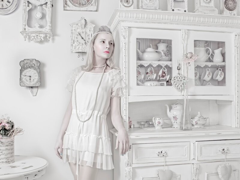 Woman in White Dress — Serene, Photograph, Clocks