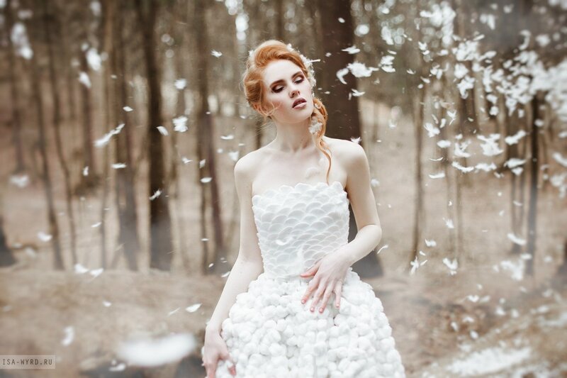 Woman in White Dress — Serene, Photograph, Feathers, Forest
