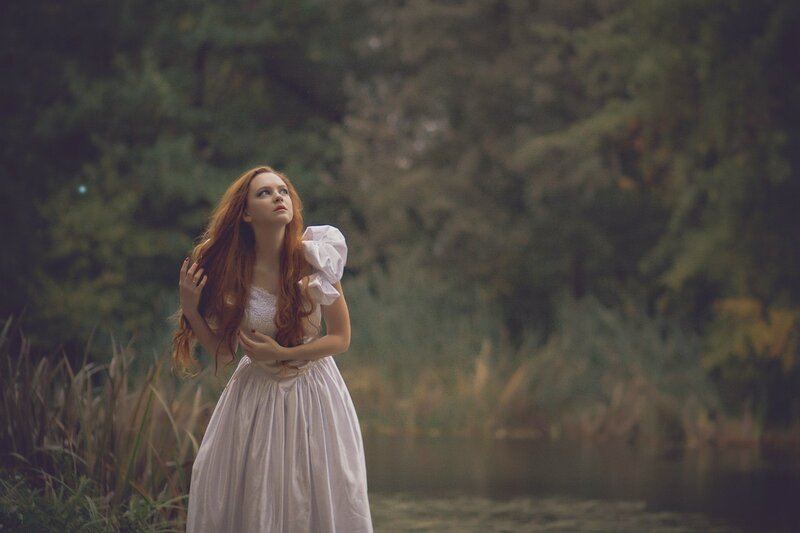 Woman in White Dress — Serene, Photograph, Forest, River