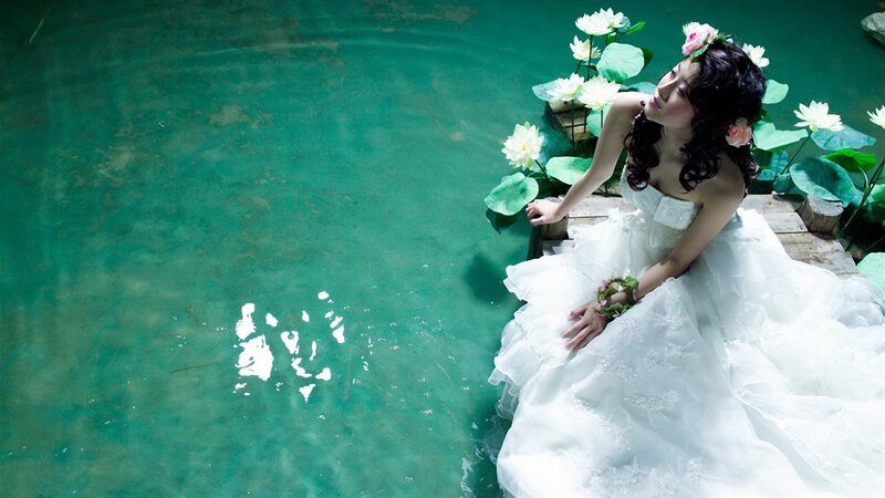 Woman in White Dress — Serene, Photograph, Lotus Flowers