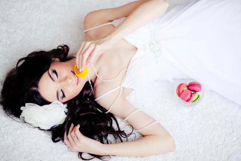 Woman in White Dress — Serene, Photograph, Macarons
