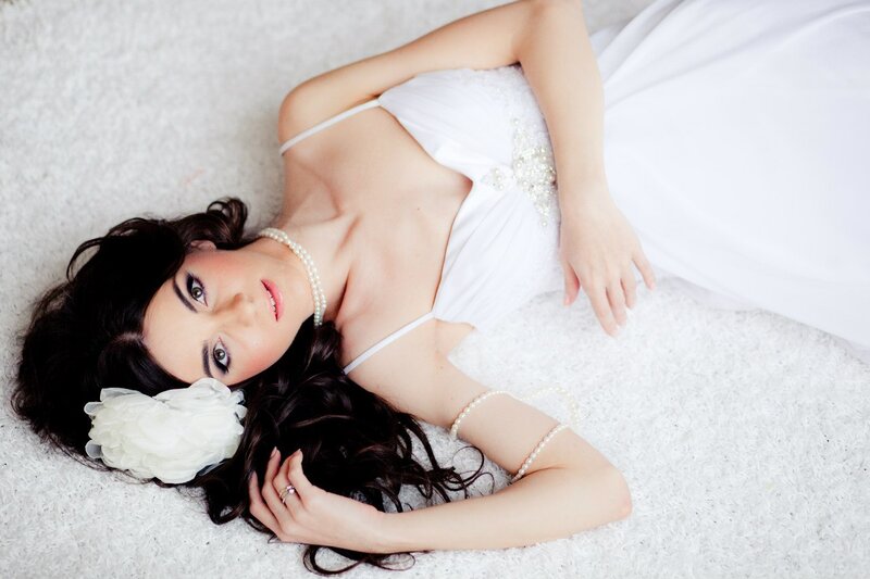 Woman in White Dress — Serene, Photograph, Pearl Necklace, White Flower, Wedding Dress