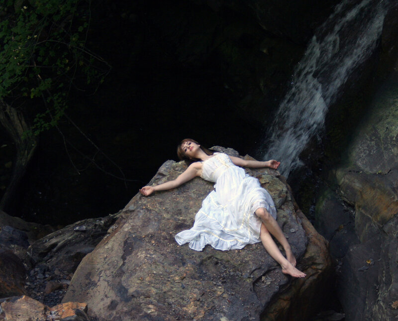 Woman in White Dress — Serene, Photograph, Rock, Waterfall