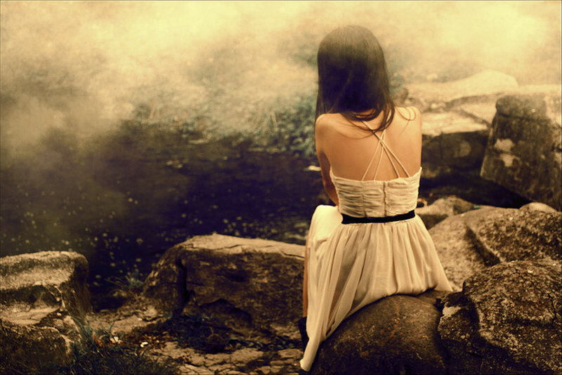 Woman in White Dress — Serene, Photograph, Rocks