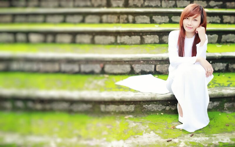 Woman in White Dress — Serene, Photograph, Stairs