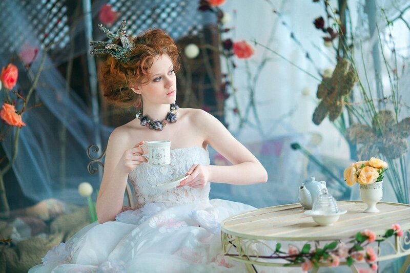Woman in White Dress — Serene, Photograph, Tea Set