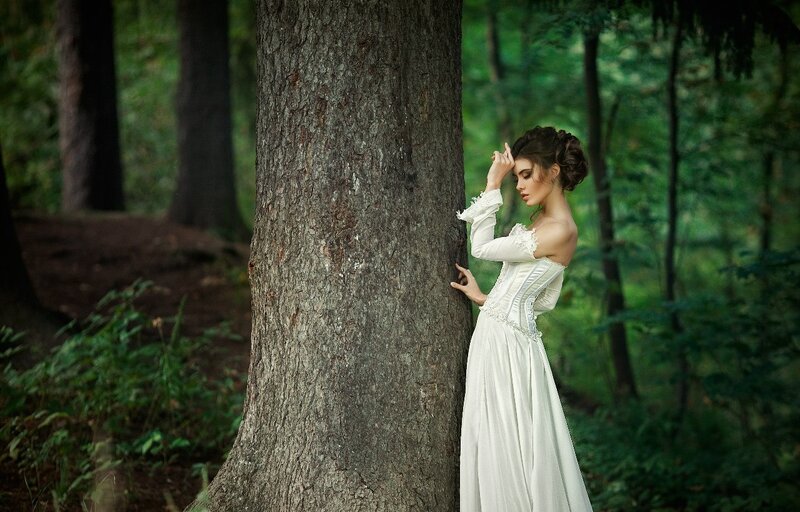 Woman in White Dress — Serene, Photograph, Tree