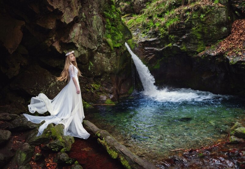 Woman in White Dress — Serene, Photograph, Waterfall, River