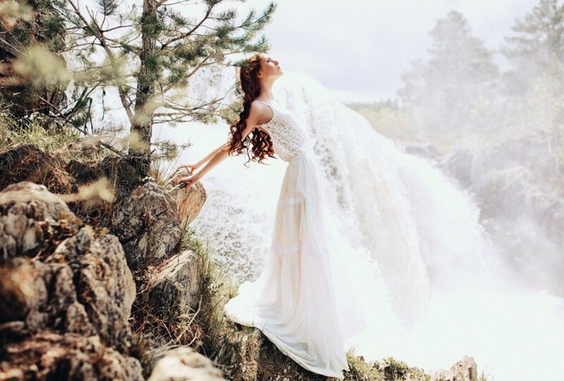 Woman in White Dress — Serene, Photograph, Waterfall, Trees