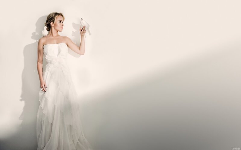 Woman in White Dress — Serene, Photograph, White Dove, Bird