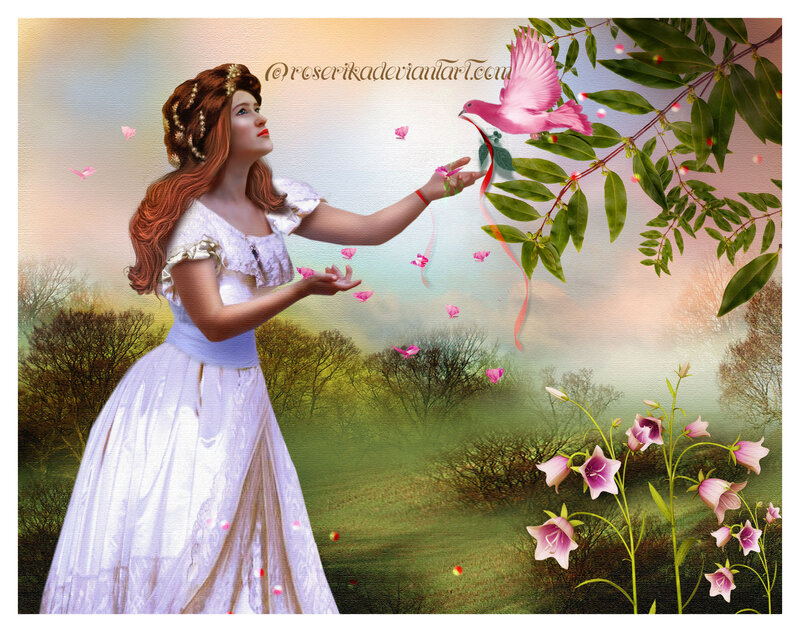Woman in White Dress — Serene, Spring, Digital Art, Bird